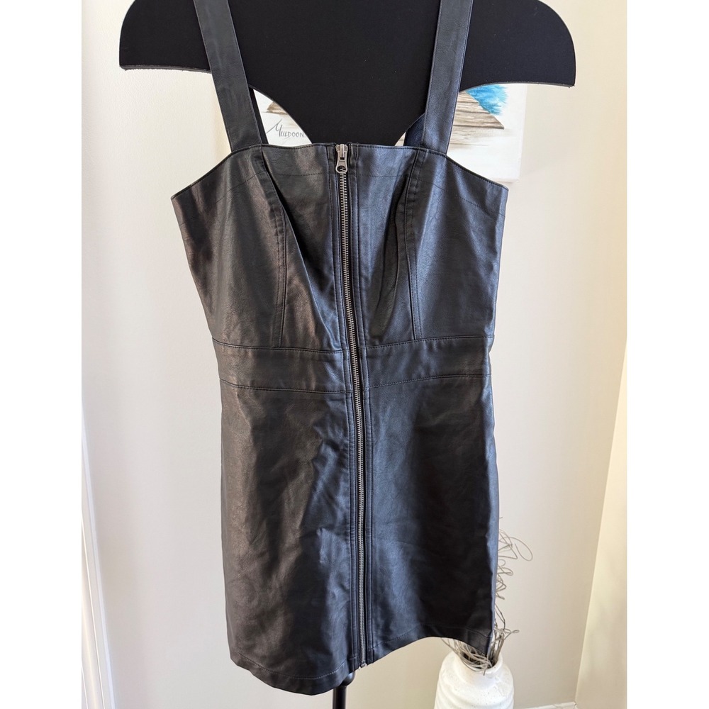 Wild Fable Black Faux Leather Zip Front Pinafore Mini Dress XS Pockets